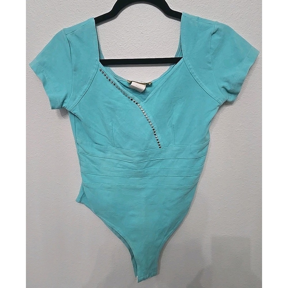 Vintage Cache Edgy Rock Star‎ Swifty Bodysuit teal Blue V Neck Size Medium Y2K